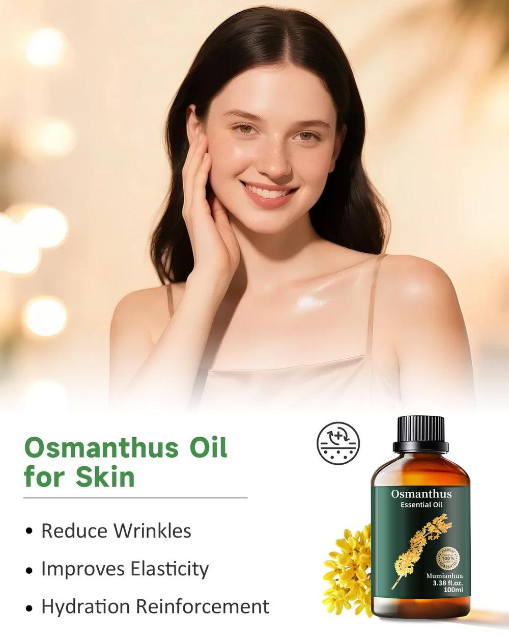 Mumianhua Osmanthus oil skincare application nourishes skin when diluted.