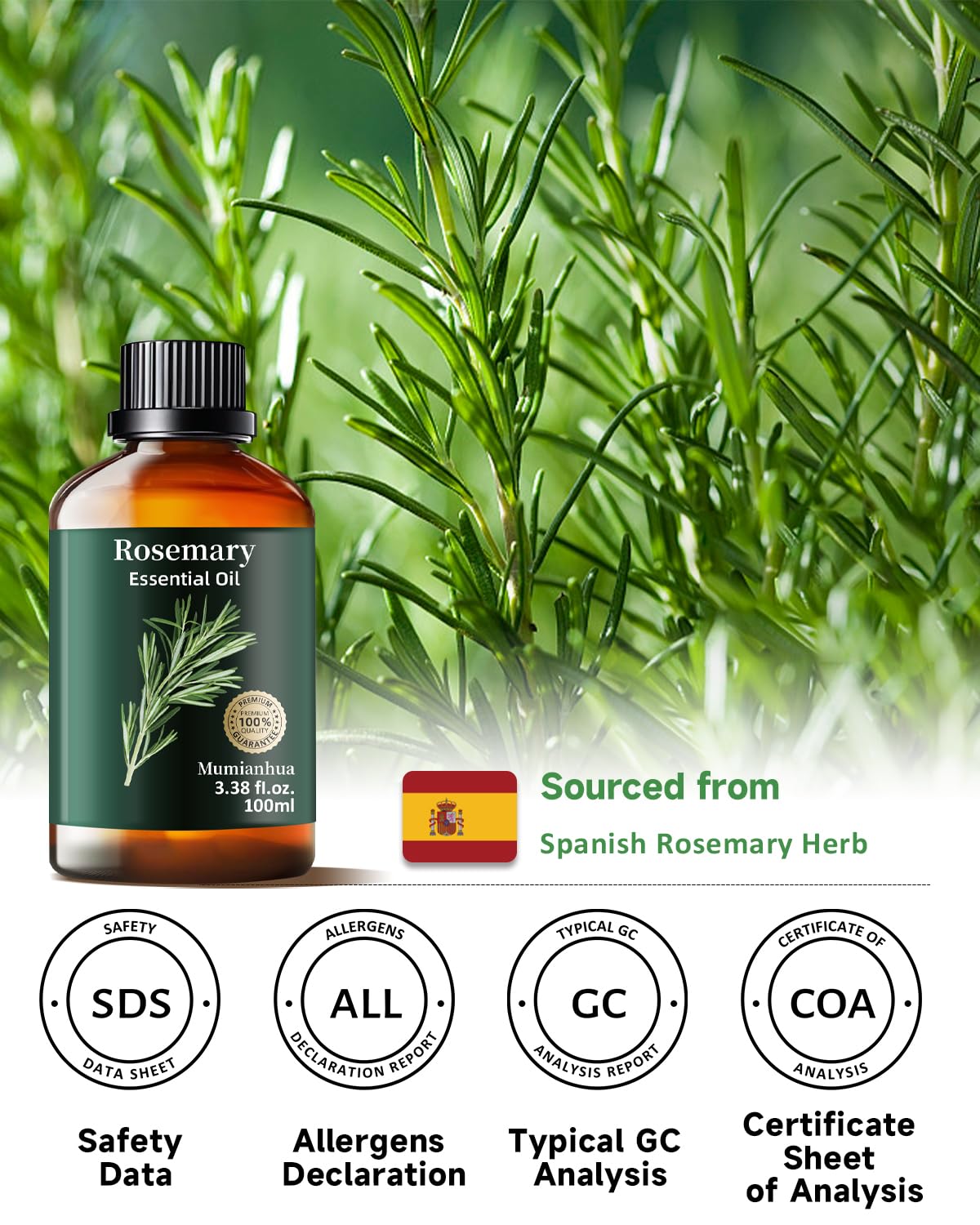 Mumianhua rosemary oil packaging highlighting purity and aroma quality.