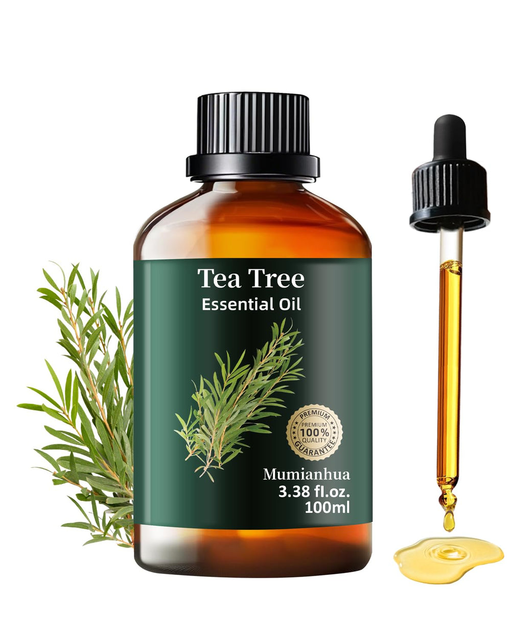 Mumianhua Tea Tree Oil bottle reveals pure essential oil for home cleansing and aromatherapy.