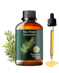 Mumianhua Tea Tree Oil bottle reveals pure essential oil for home cleansing and aromatherapy.