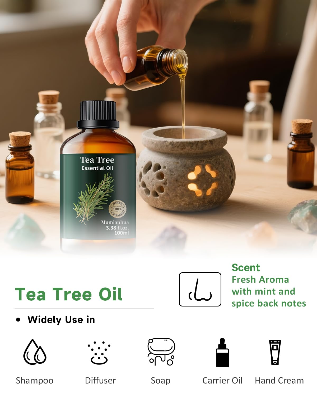 Mumianhua Tea Tree Oil outdoor spray suggests a natural barrier for patios and garden comfort.