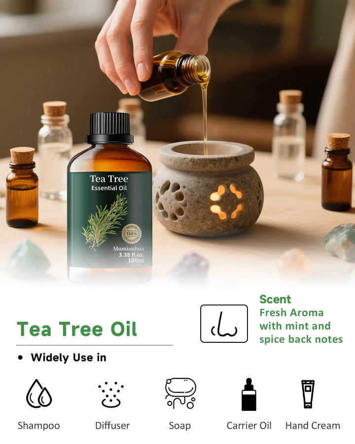 Mumianhua Tea Tree Oil outdoor spray suggests a natural barrier for patios and garden comfort.
