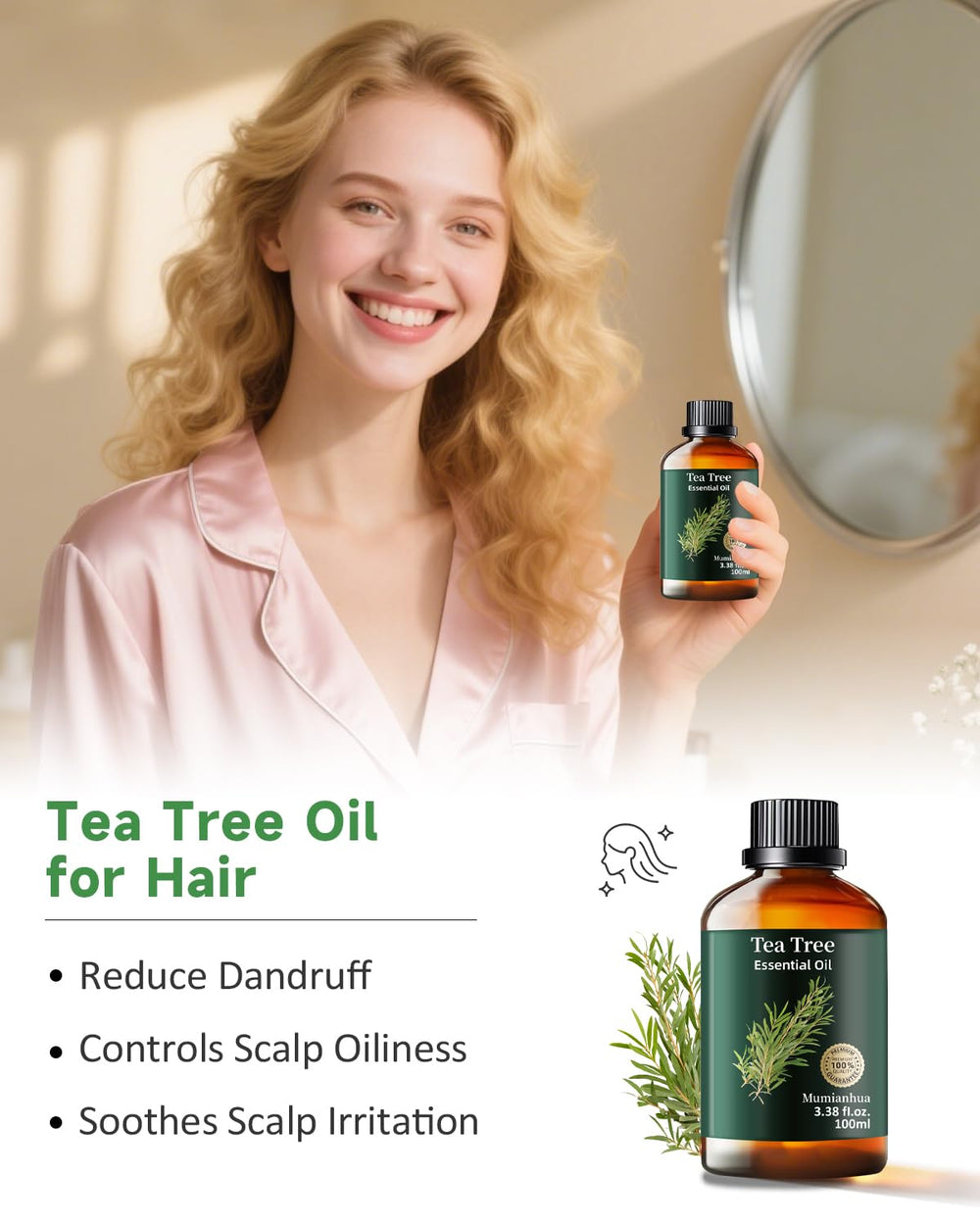 Mumianhua Tea Tree Oil scalp care highlights invigorating scent while cleansing and refreshing the hair.