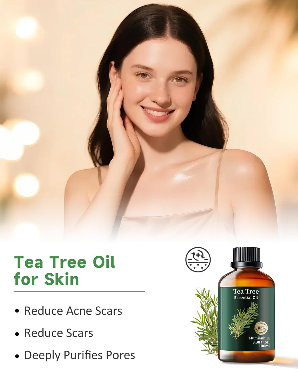 Mumianhua Tea Tree Oil for facial steam shows purifying aroma enhancing skin refreshing rituals.
