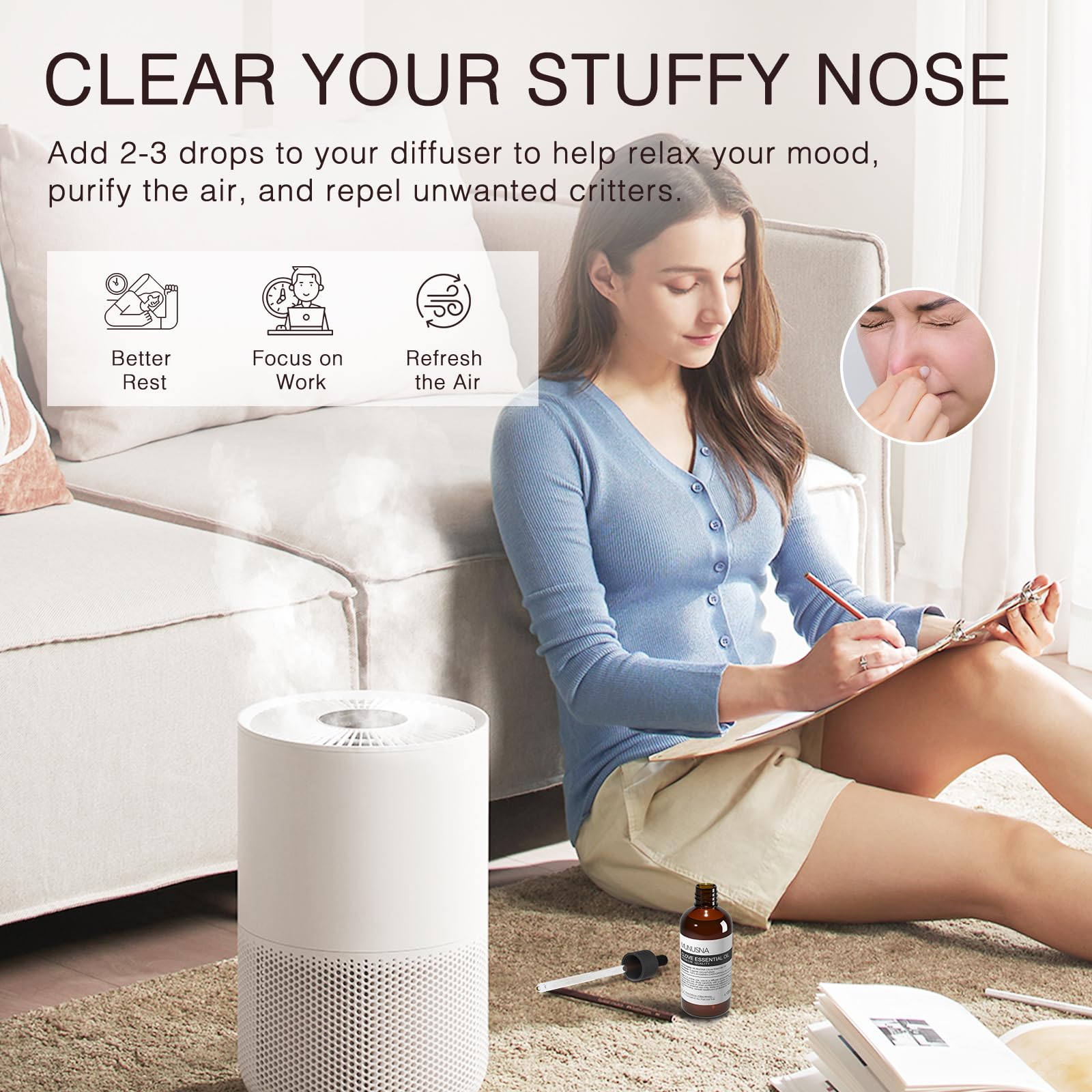 MUNUSNA Clove oil aroma therapy image signals balanced mood and cozy ambiance.