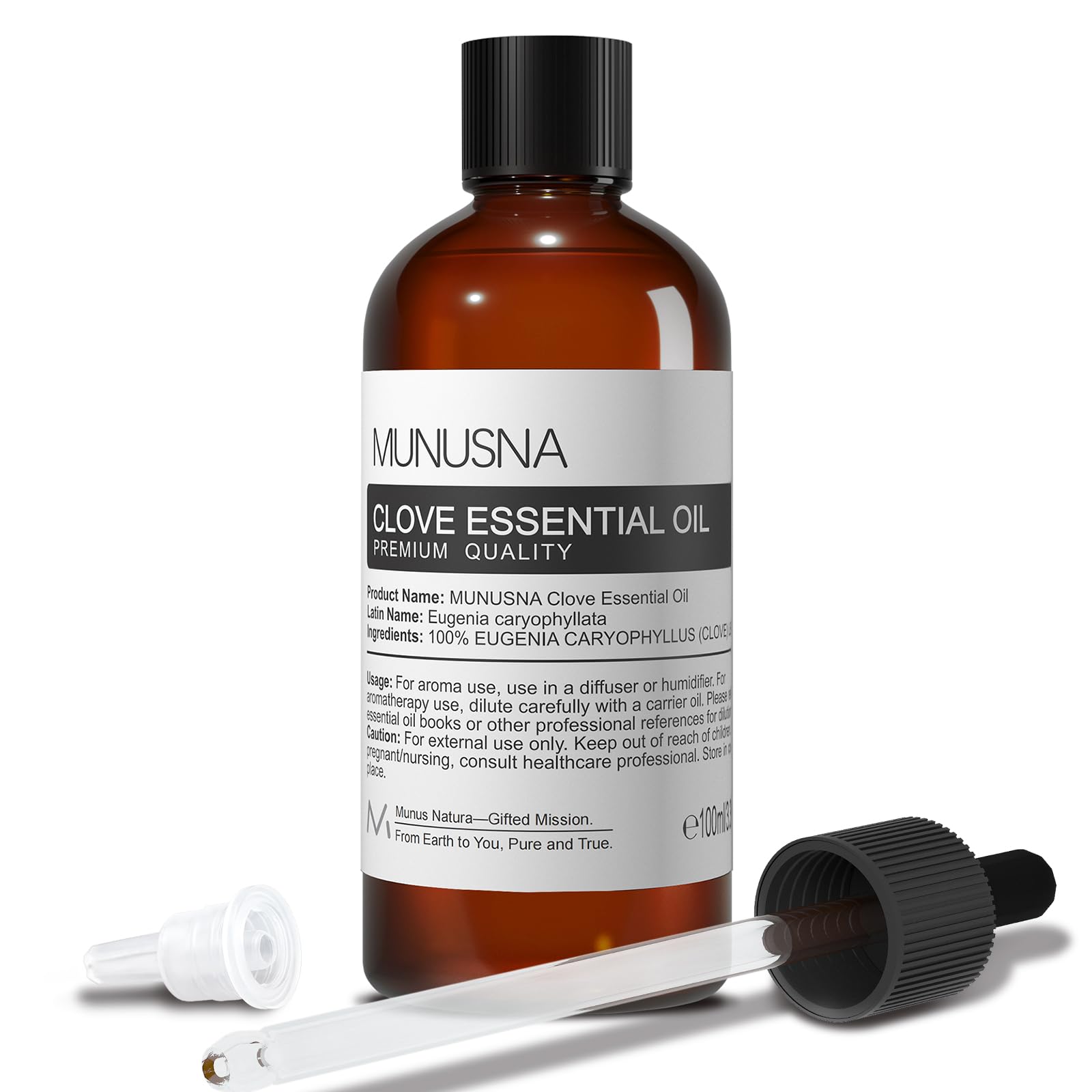 MUNUSNA Clove essential oil bottle showing pure formulation for daily care and diffusion.