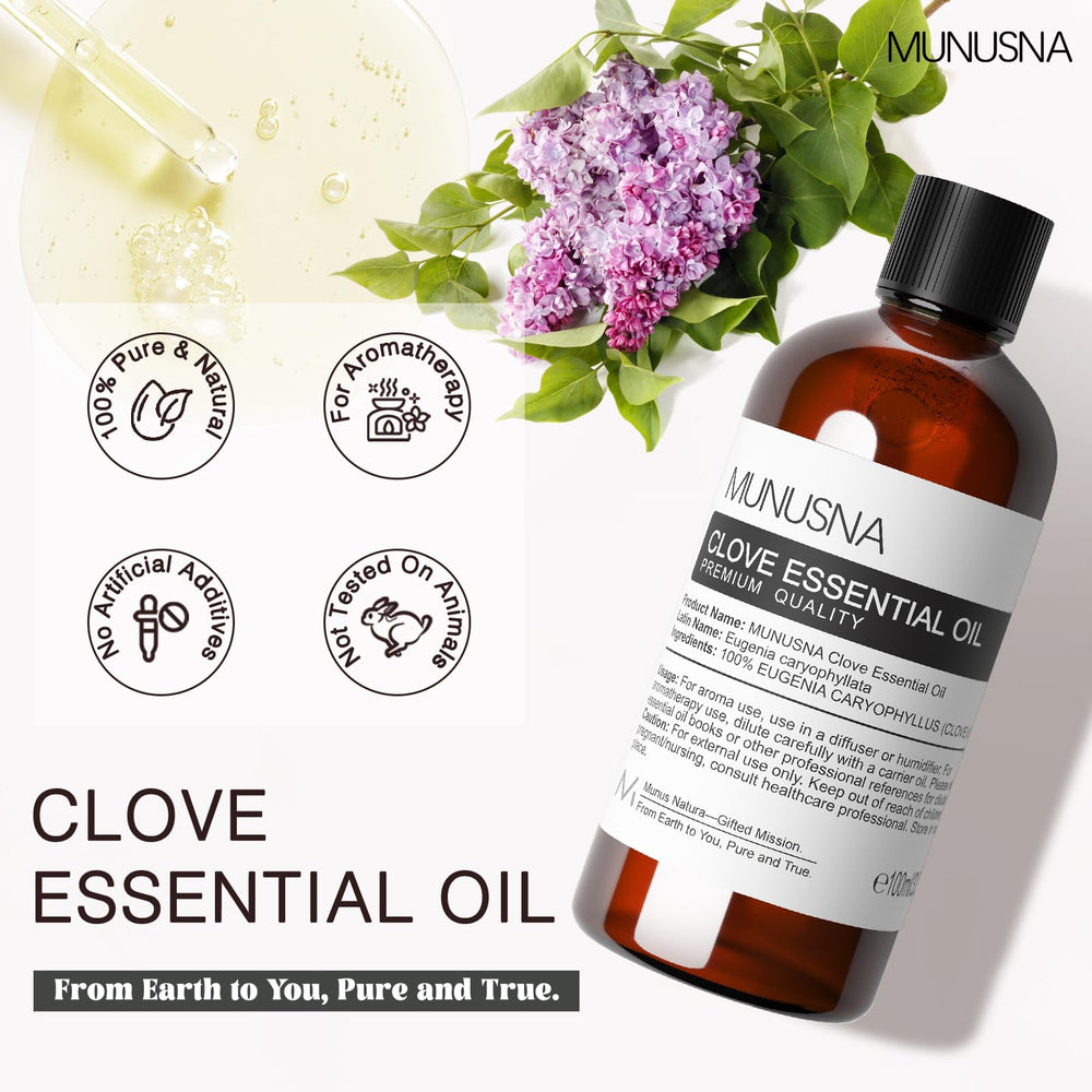 MUNUSNA Clove essential oil in a diffuser setup for warm room ambiance.