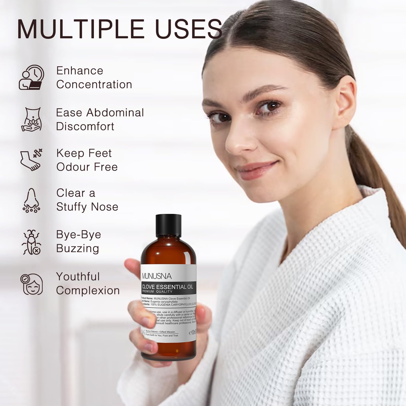 MUNUSNA Clove oil mouthcare visual emphasizes safe dilution for refreshing breath.