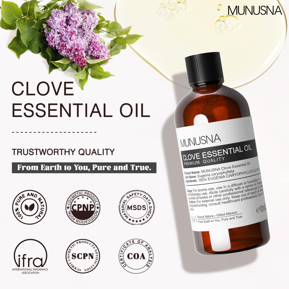 MUNUSNA Clove oil packaging highlights purity and eco friendly sourcing.