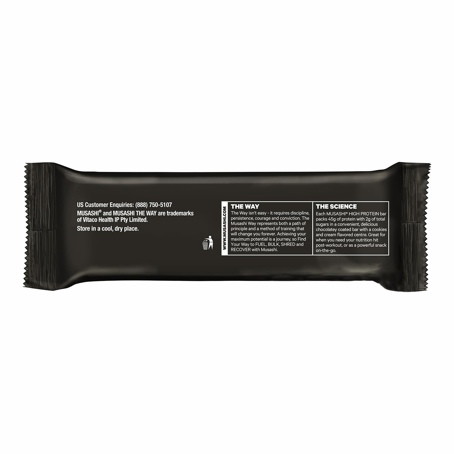 MUSASHI bar nutrition panel close-up, highlights 45g protein per bar.