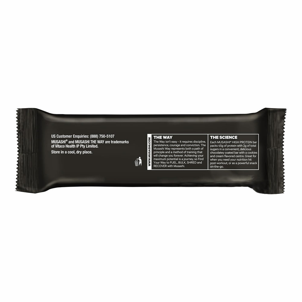 MUSASHI bar nutrition panel close-up, highlights 45g protein per bar.