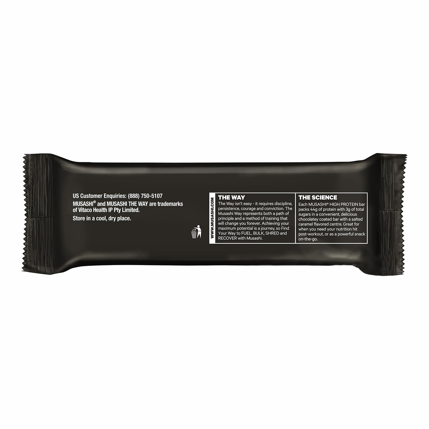 Musashi bar nutrition label shows 45g protein and 2g sugar.