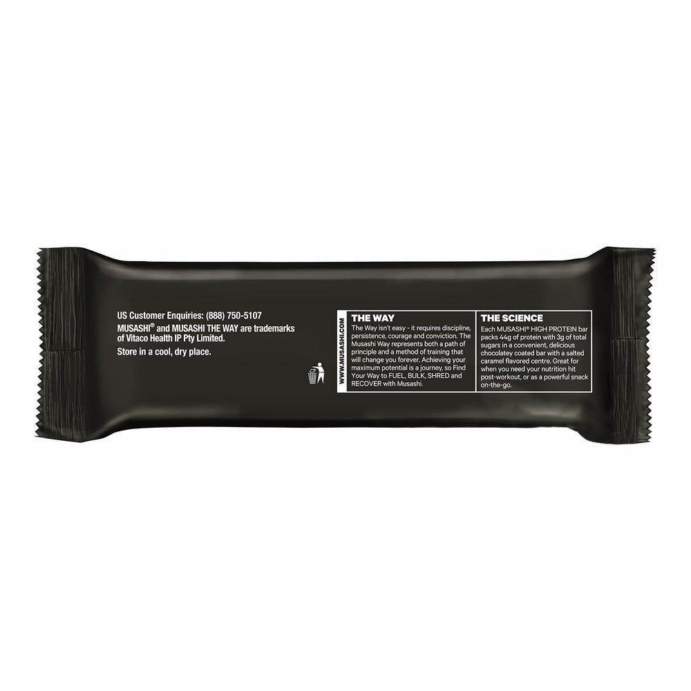 Musashi bar nutrition label shows 45g protein and 2g sugar.