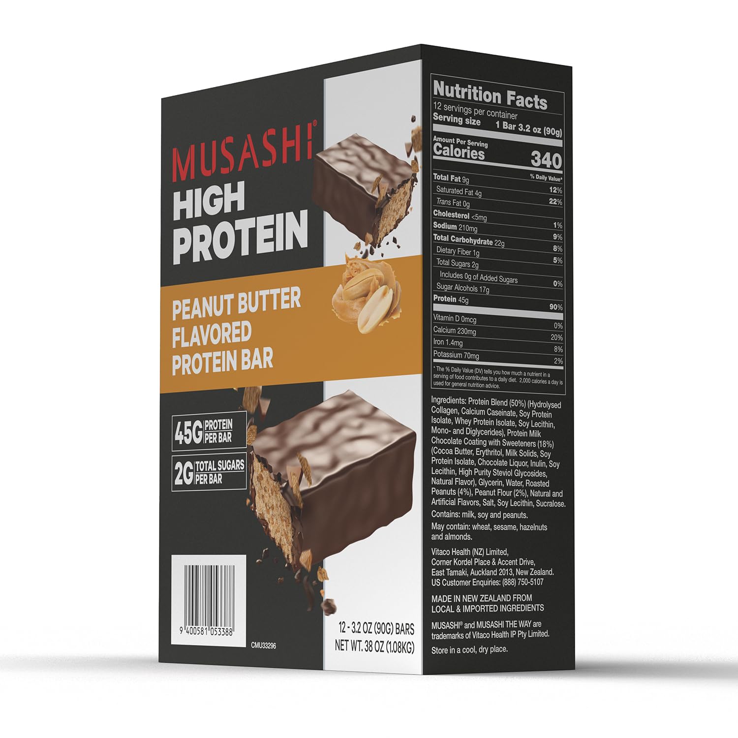 MUSASHI Bar whey protein isolate graphic illustrating high protein