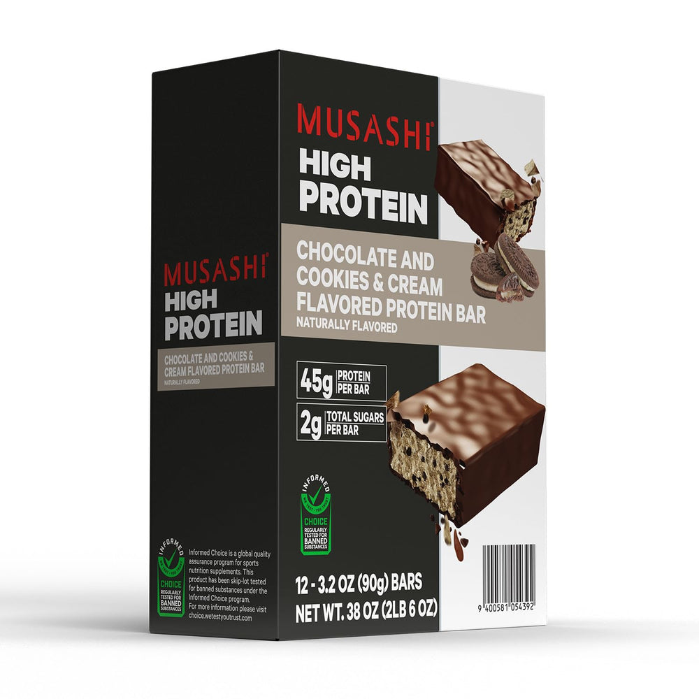 MUSASHI brand logo on pack, trusted sports nutrition choice.