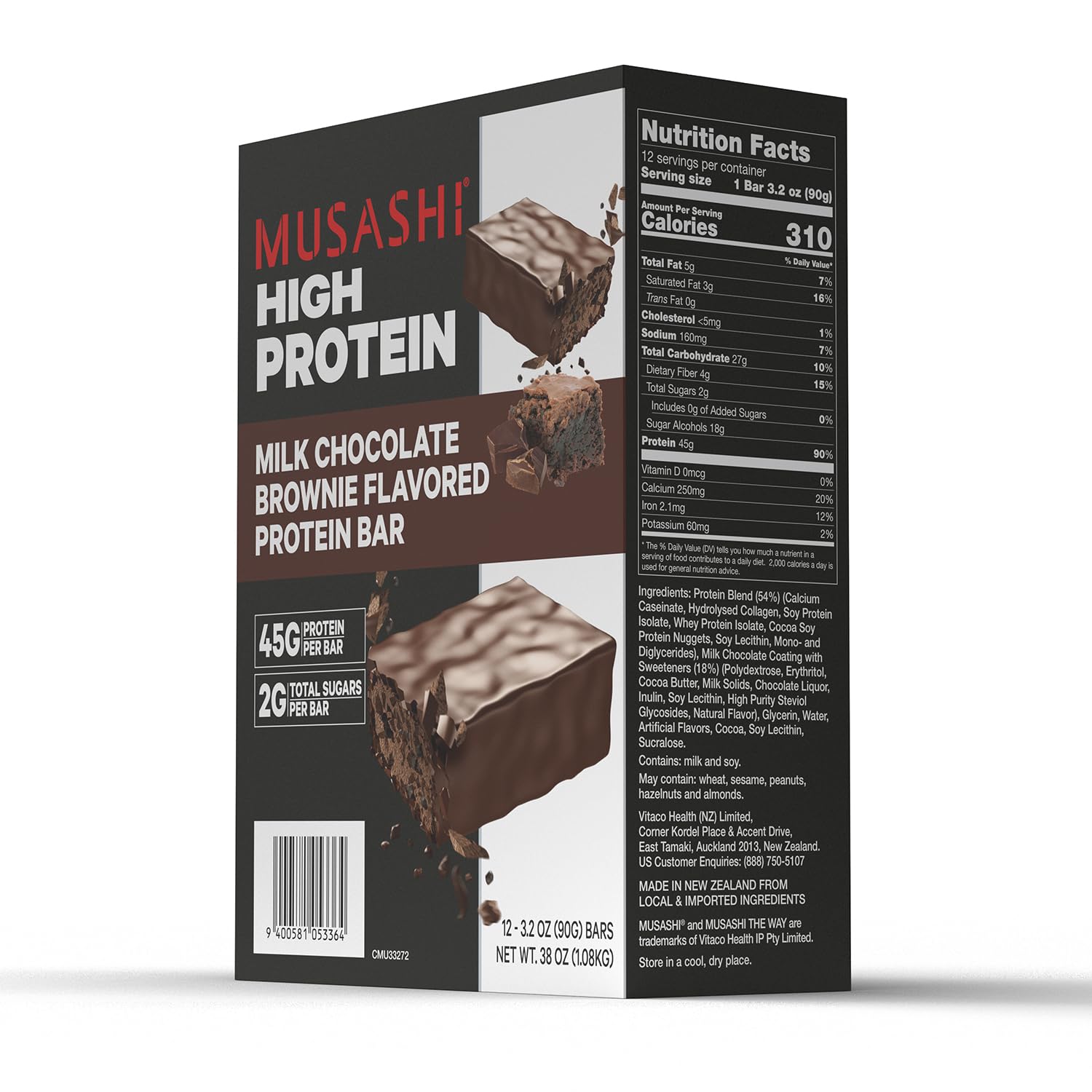 MUSASHI high protein bar 90g milk chocolate brownie unwrapped