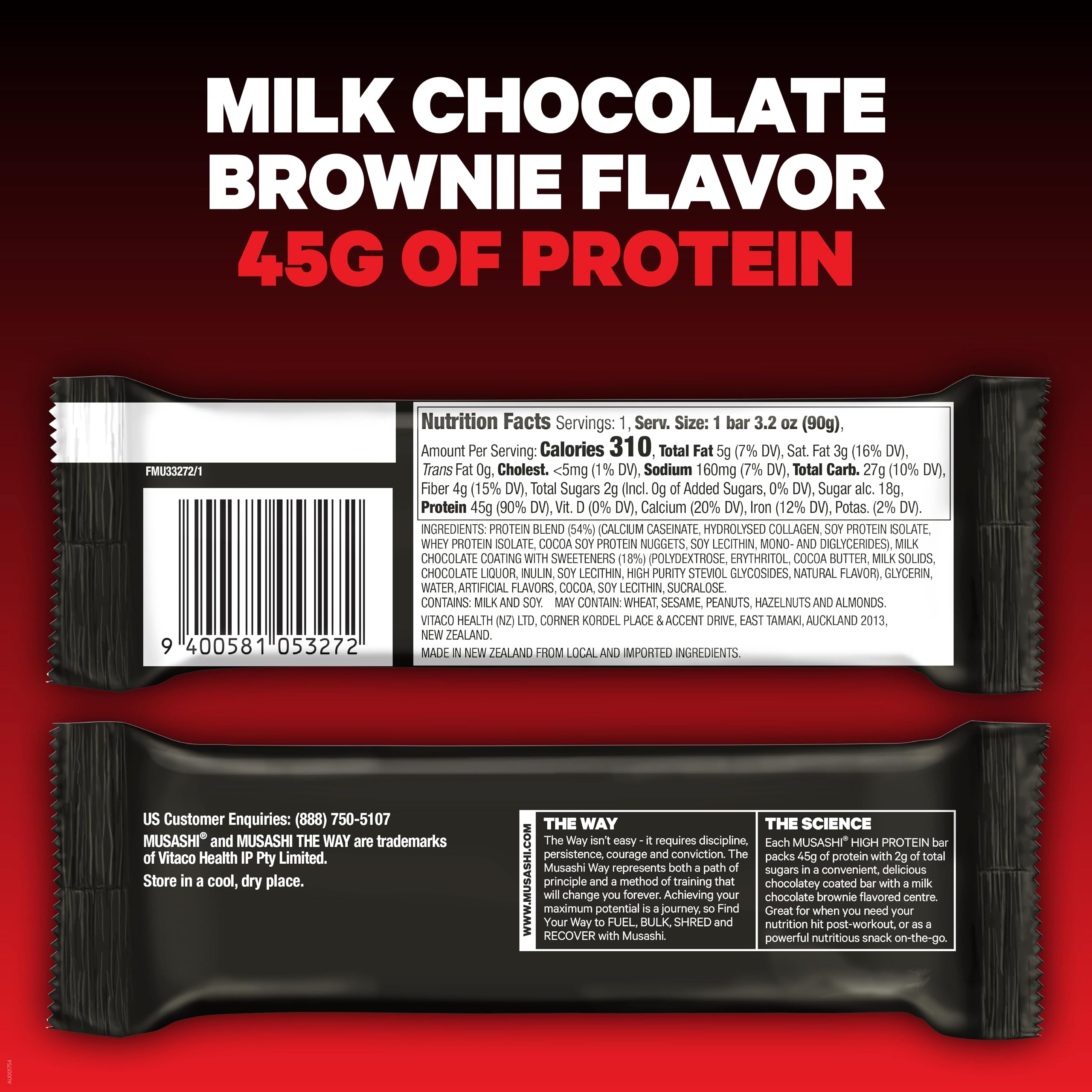 MUSASHI high protein bar 90g nutrition facts closeup
