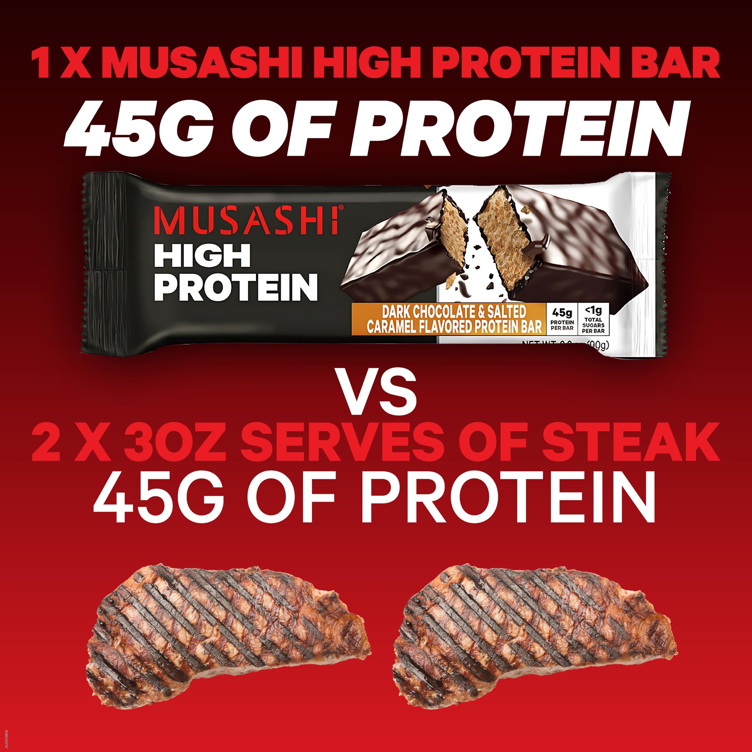 Musashi high protein bar close-up reveals 45g protein per serving texture.