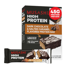Musashi high protein bar with dark chocolate and salted caramel in a wrapped bar for on-the-go fuel.