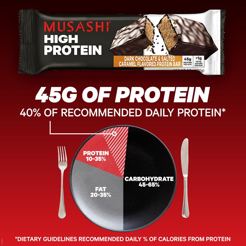 Musashi high protein bar wrapped for gym bag ready fuel during training sessions.