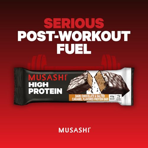 Musashi high protein bar on kitchen counter with measuring cup for recipe ideas.