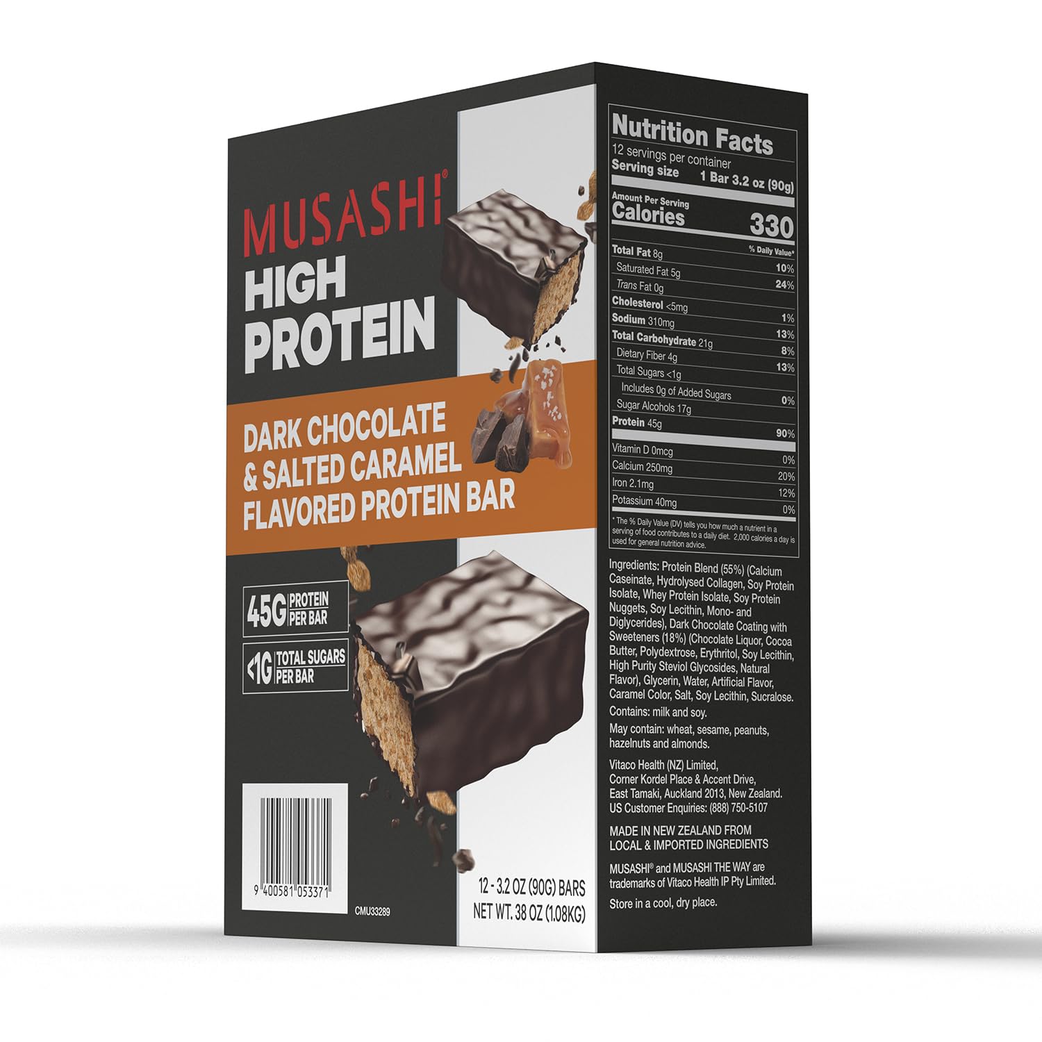 Musashi high protein bar on shelf displays nutrition panel for informed snacking.