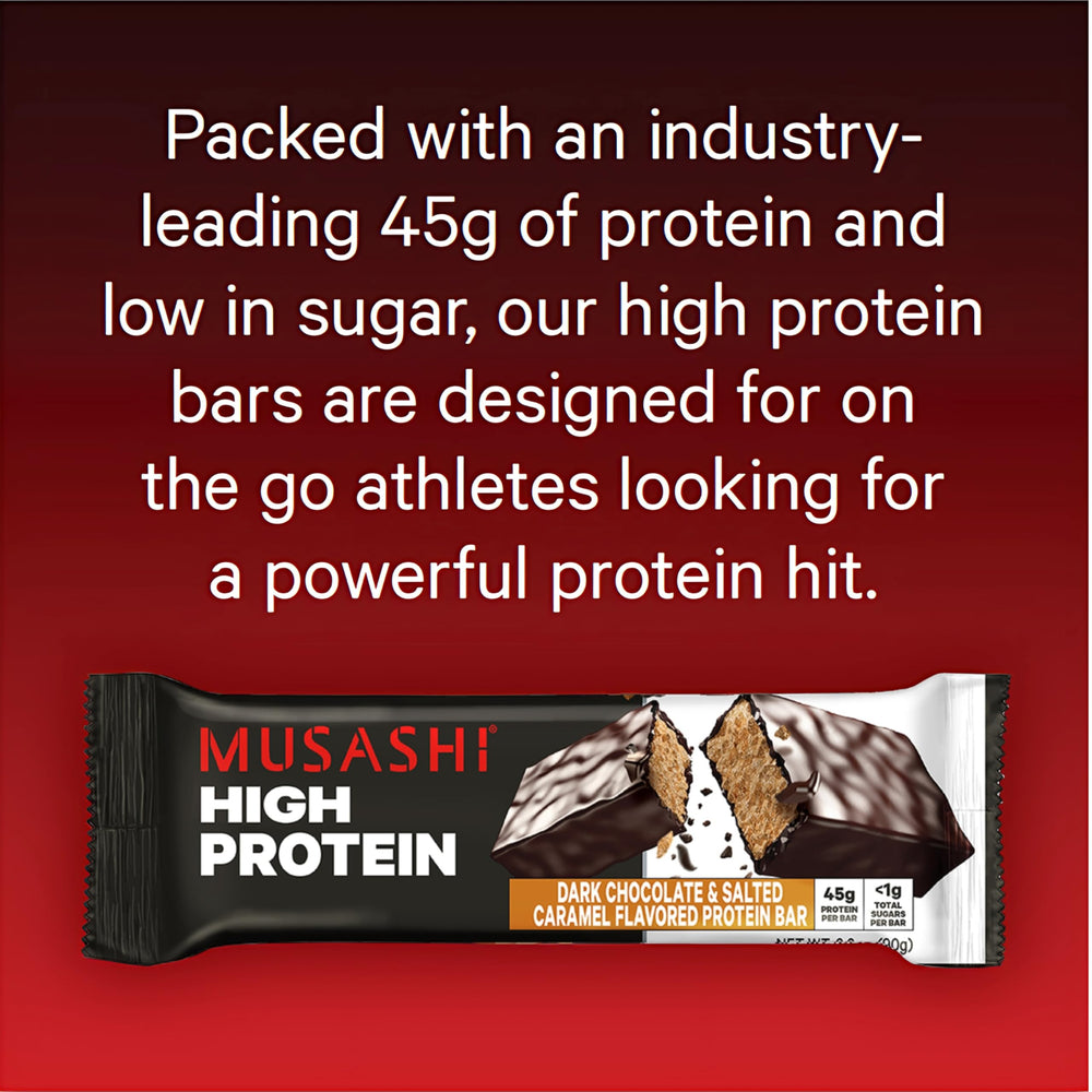 Musashi high protein bar on gym mat suggests convenient snack between workouts.