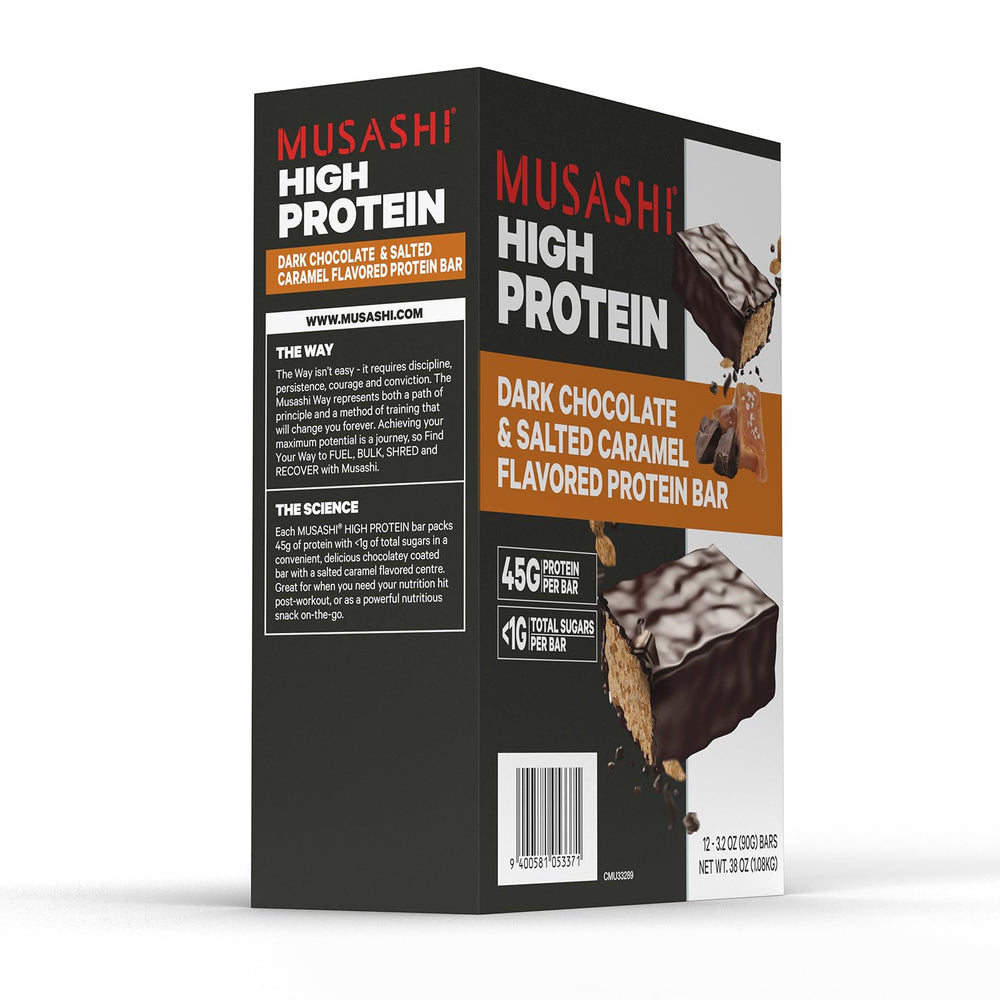 Musashi high protein bar under studio light reveals rich chocolate glaze.