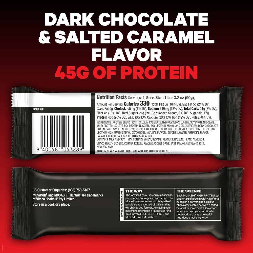 Musashi high protein bar close-up shows whey protein isolate texture for fast post-workout recovery.