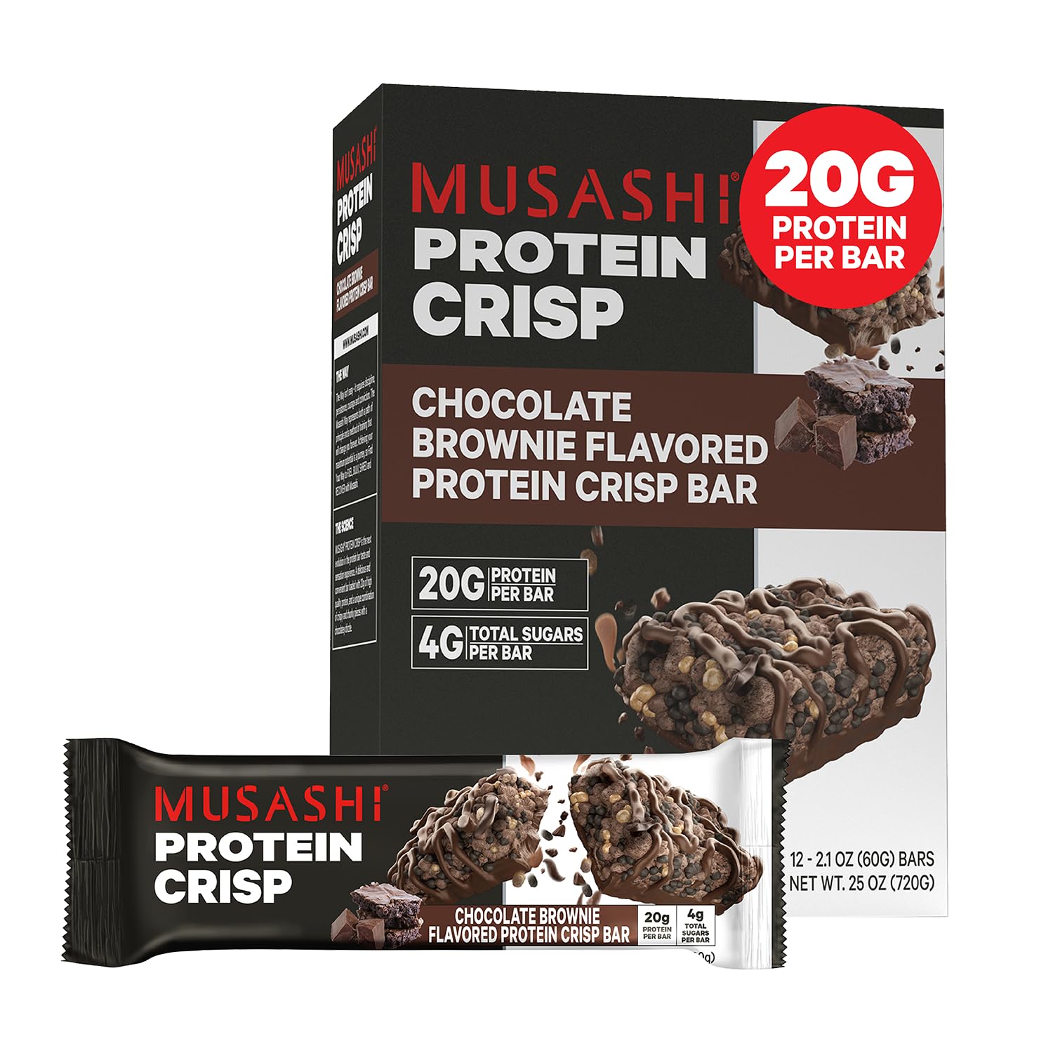 Musashi Protein Crisp Bar chocolate brownie packaging shown as a convenient post-workout snack