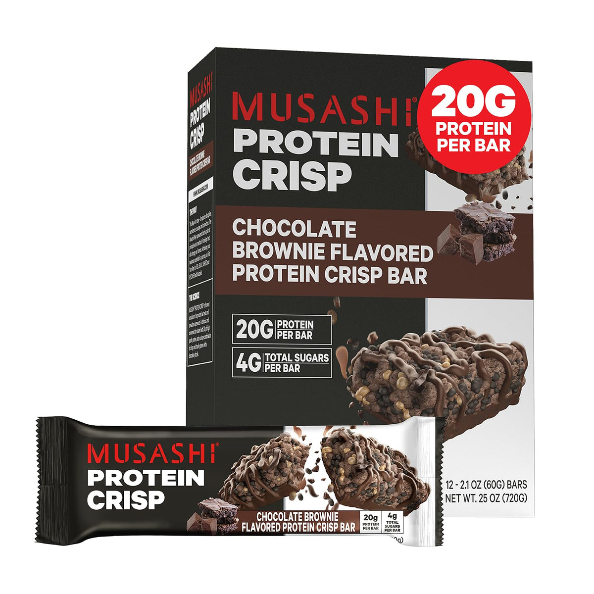 Musashi Protein Crisp Bar chocolate brownie packaging shown as a convenient post-workout snack