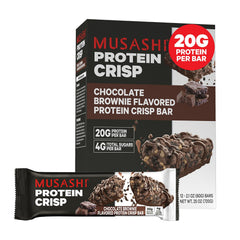Musashi Protein Crisp Bar chocolate brownie packaging shown as a convenient post-workout snack