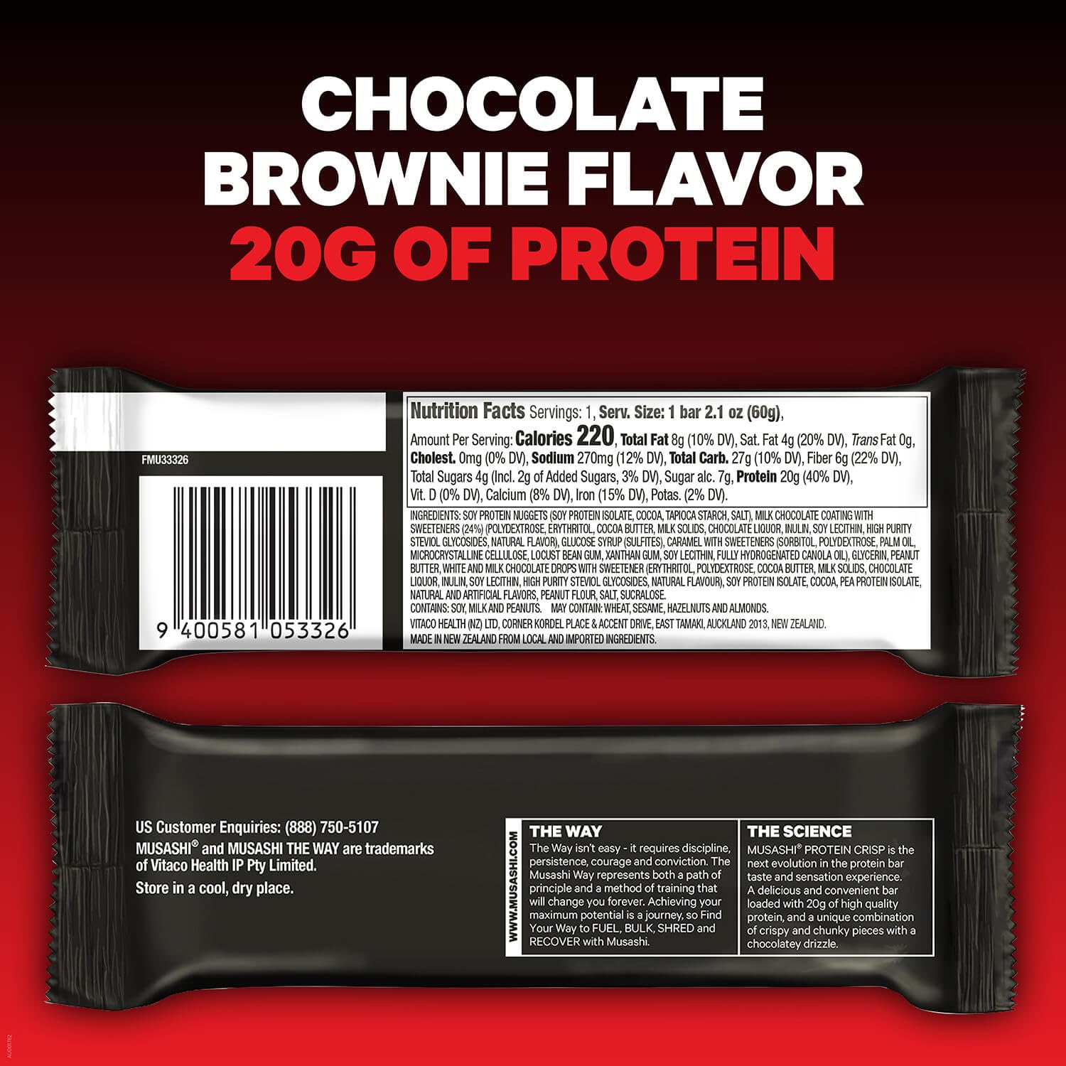 Musashi Protein Crisp Bar with milk chocolate drizzle emphasizes premium taste
