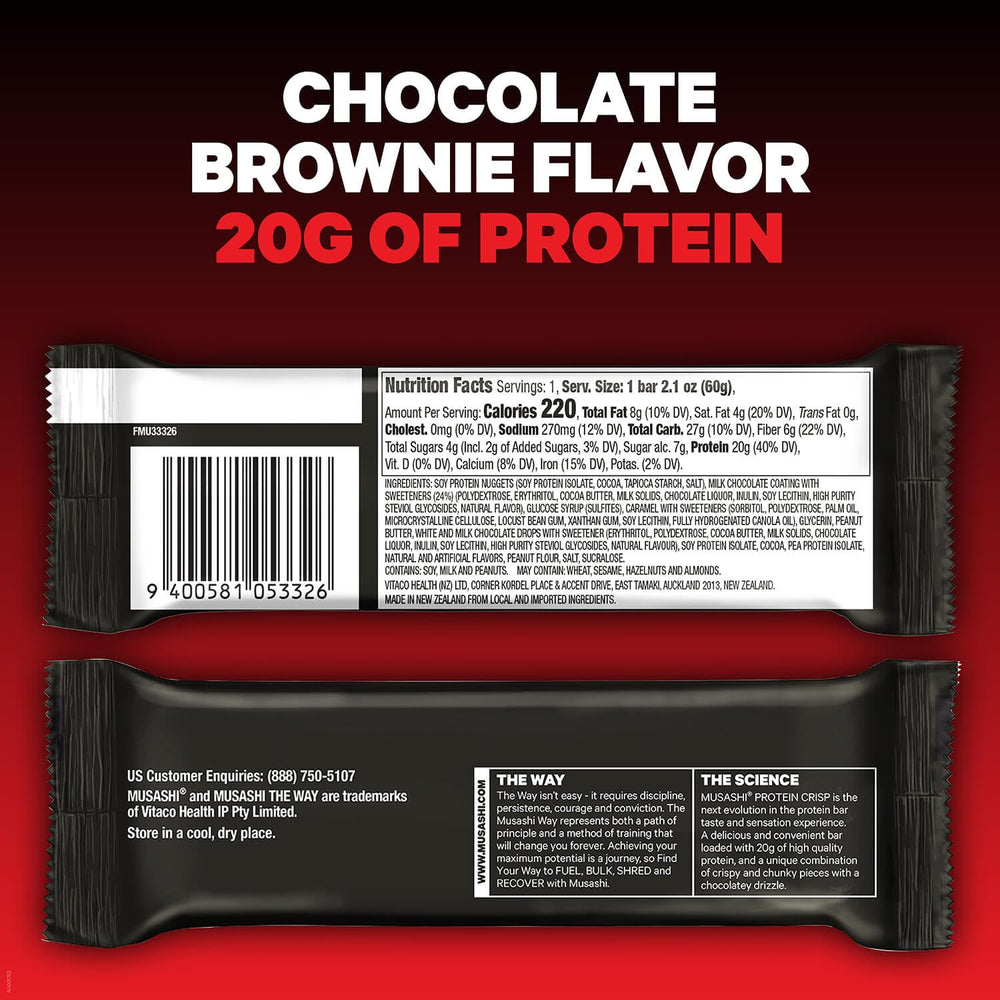 Musashi Protein Crisp Bar with milk chocolate drizzle emphasizes premium taste