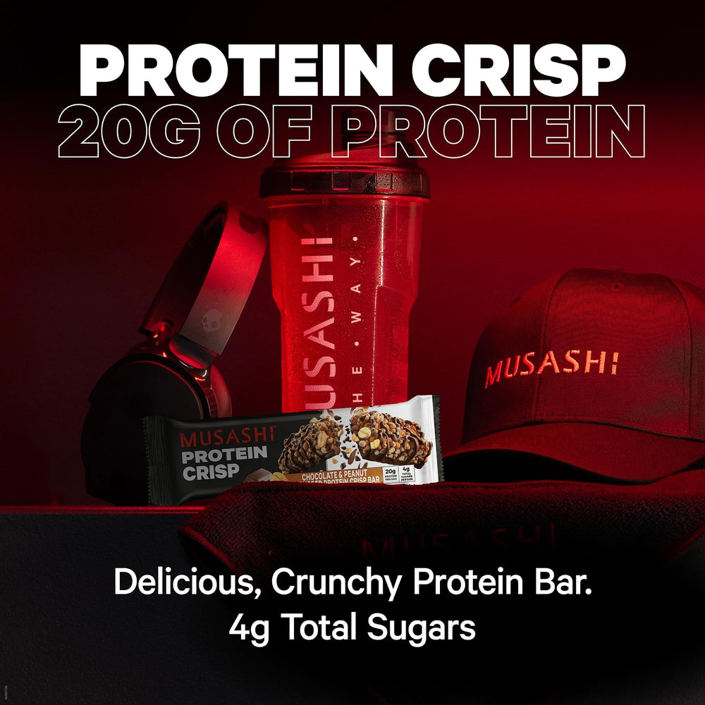 Musashi Protein Crisp Bar pictured in gym setting for post-workout energy