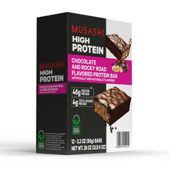 Musashi Rocky Road bar close-up highlighting premium ingredients and 45g protein