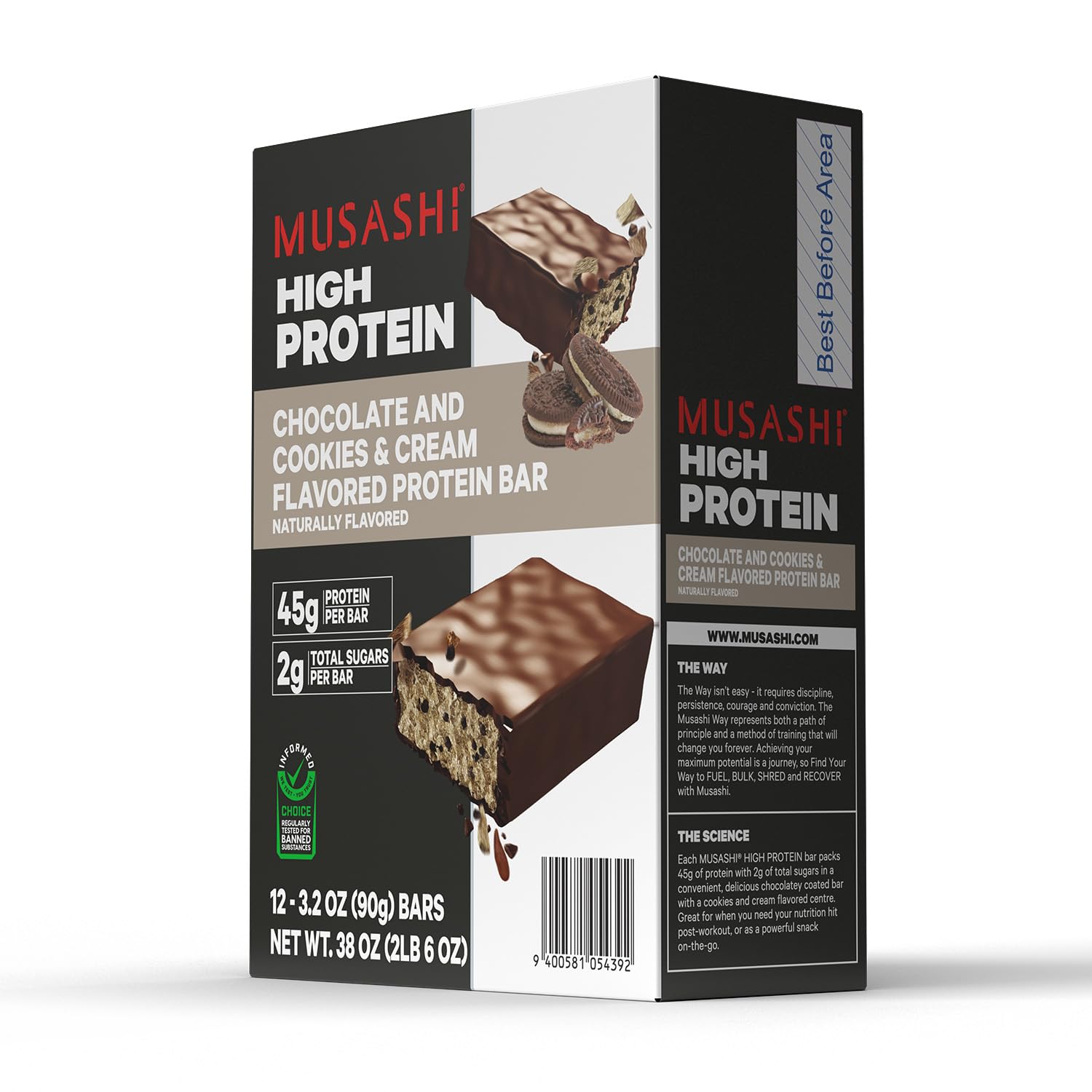 MUSASHI whey protein isolate closeup nutrition label, high-quality ingredients.