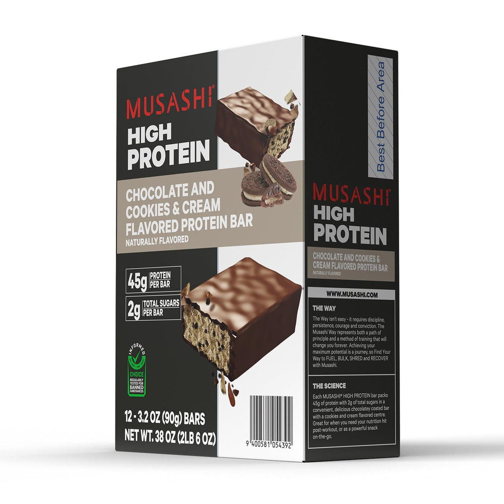 MUSASHI whey protein isolate closeup nutrition label, high-quality ingredients.