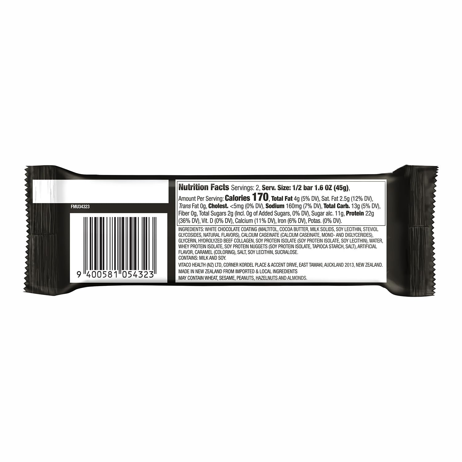 Musashi white chocolate caramel bar close-up highlights premium ingredients.