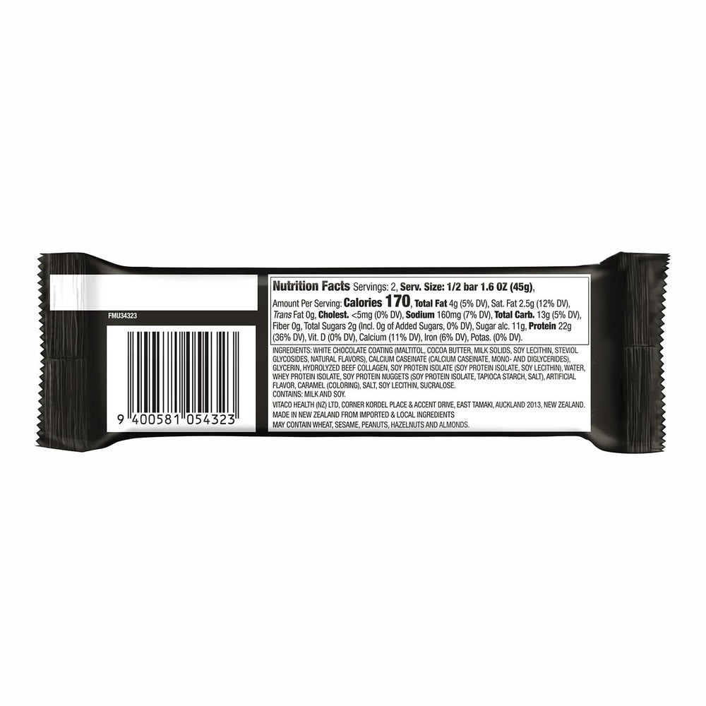 Musashi white chocolate caramel bar close-up highlights premium ingredients.