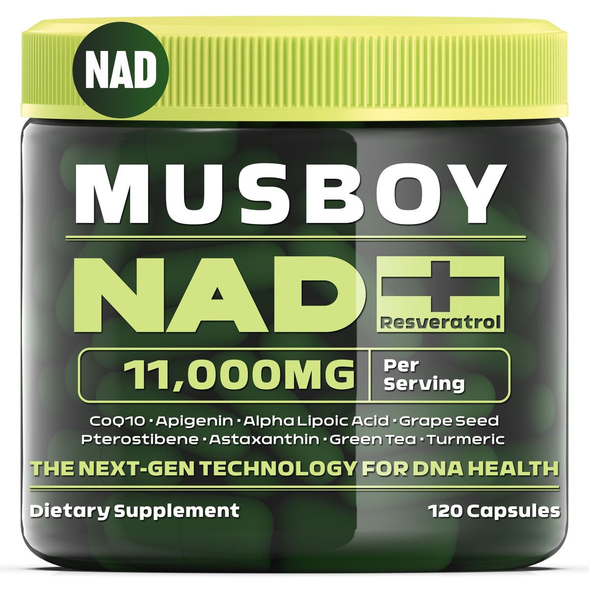 MUSBOY NAD+ bottle image promoting daily vitality and skin wellness.