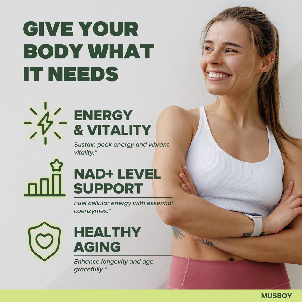 MUSBOY NAD+ label close-up highlighting liposomal NR benefits.