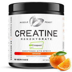 Muscle Feast Creapure bottle with Natural Orange flavor supports workouts.