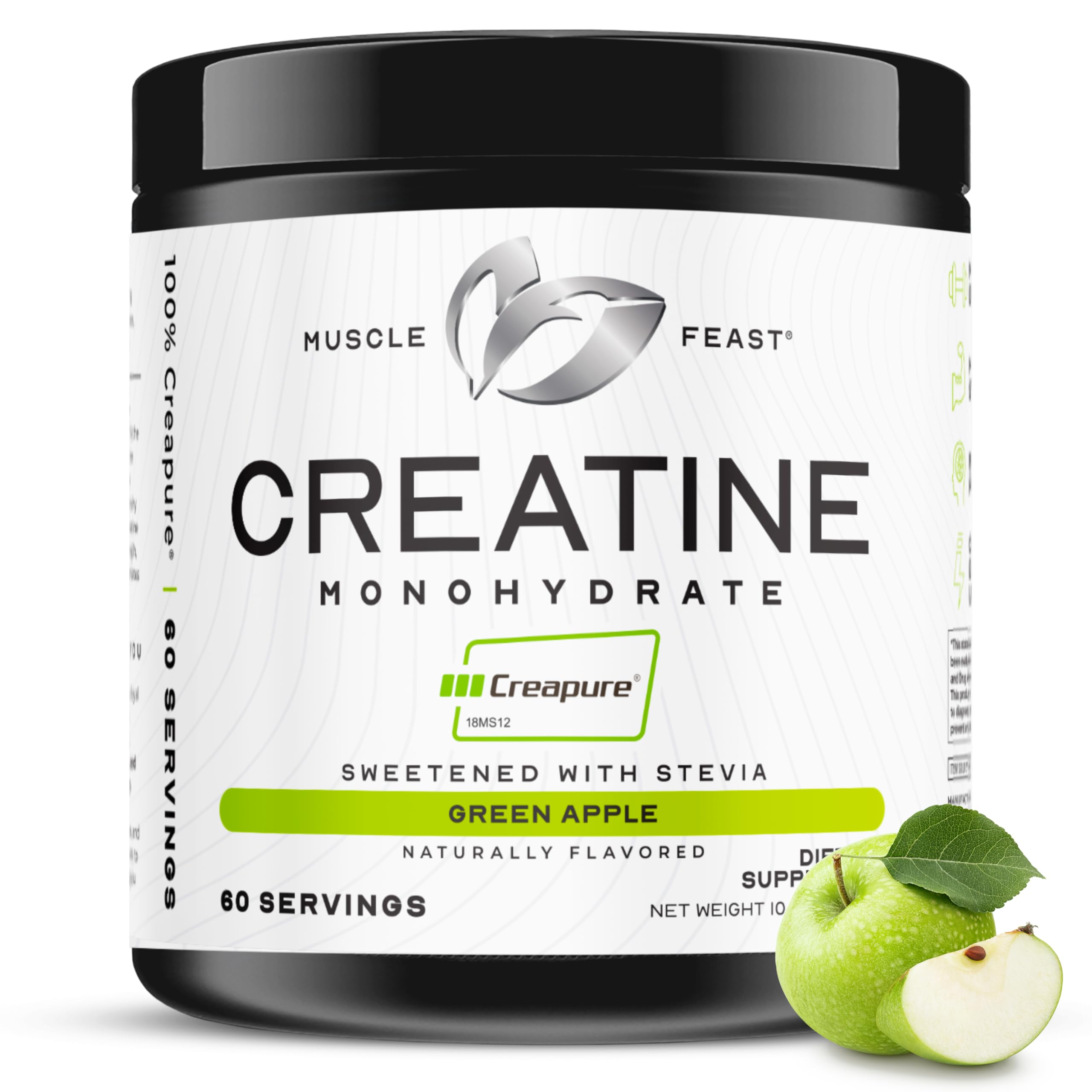 Muscle Feast Creapure bottle shows pure creatine monohydrate for clean strength support.