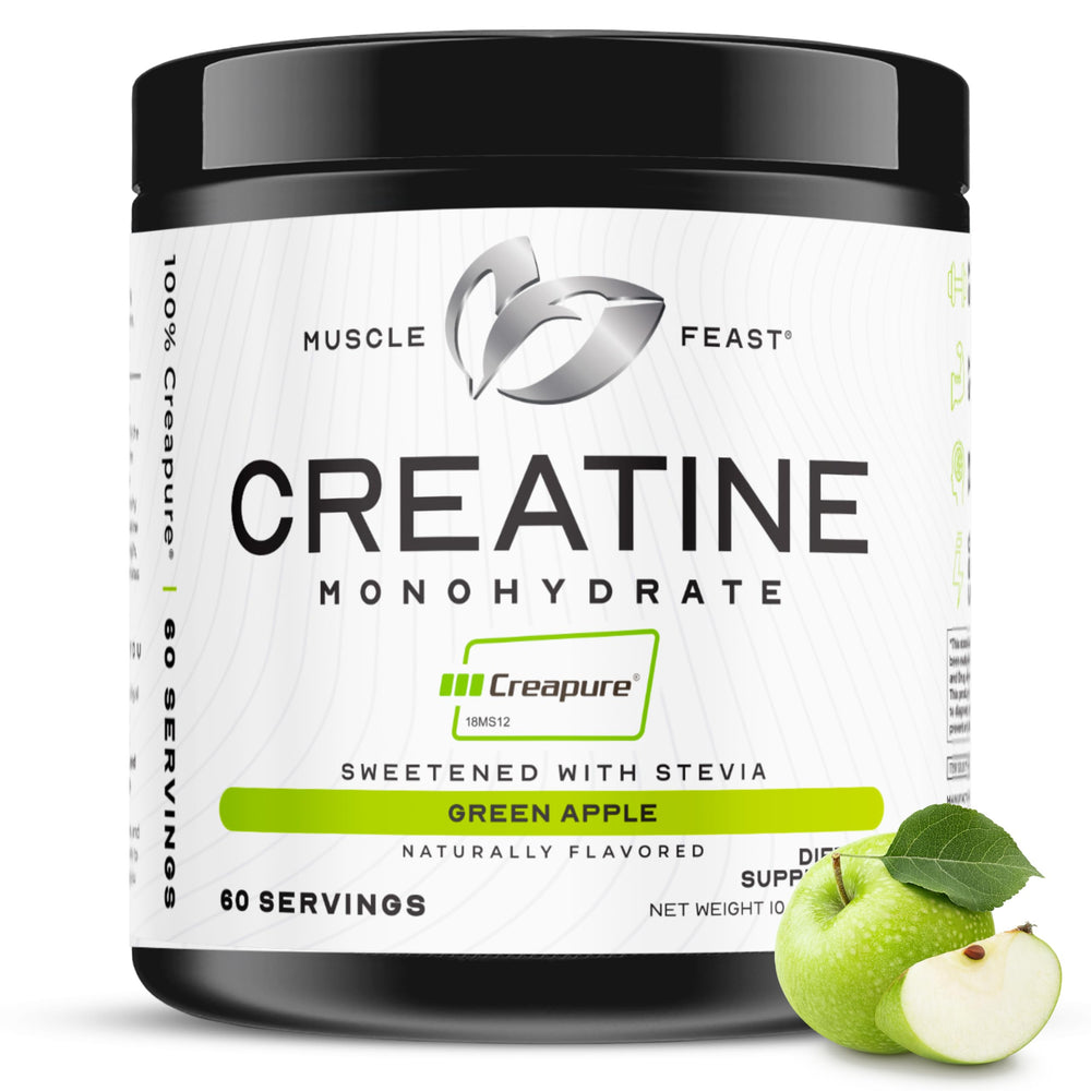 Muscle Feast Creapure bottle shows pure creatine monohydrate for clean strength support.