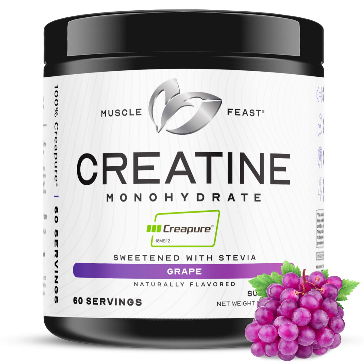 Muscle Feast Creapure Creatine Monohydrate powder, natural grape flavor, easy to mix