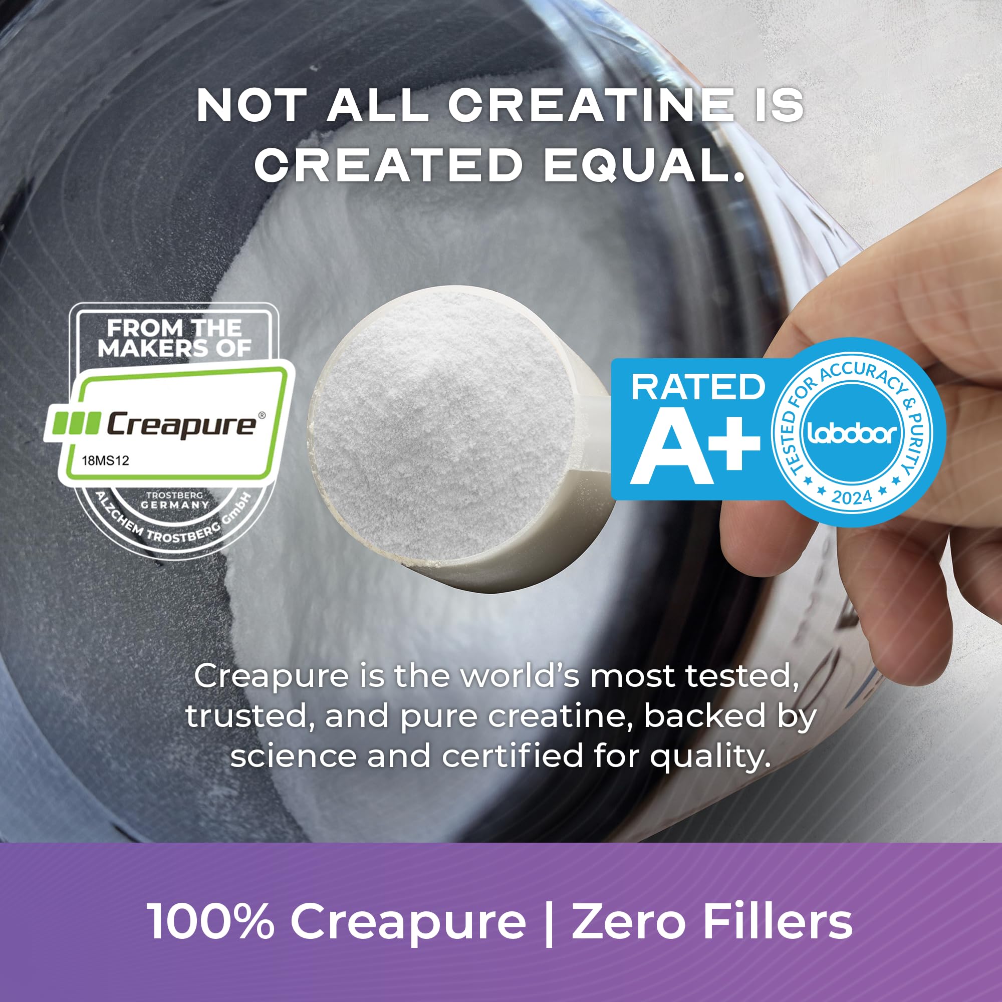 Muscle Feast Creapure Creatine Monohydrate powder with scoop beside jar