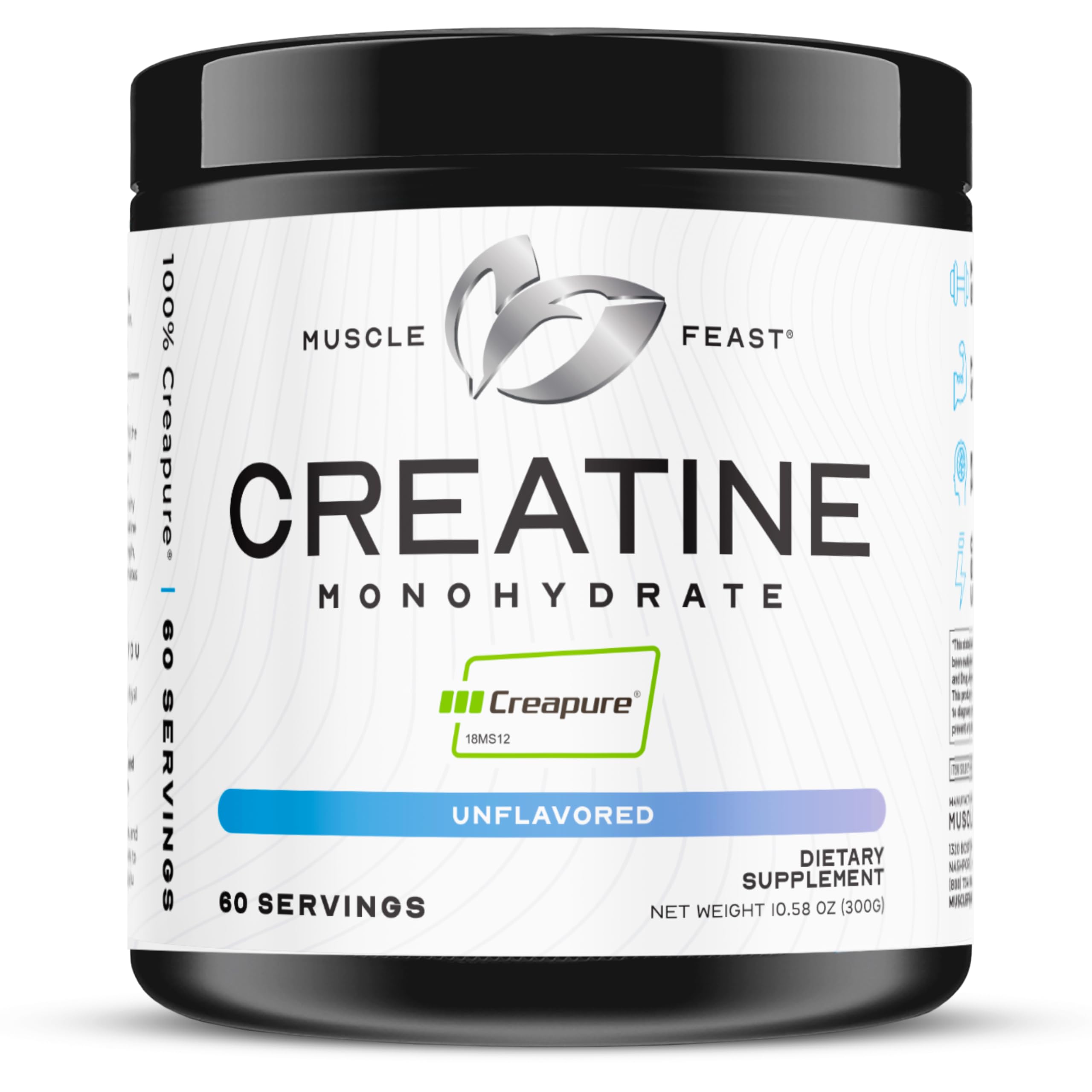 Muscle Feast Creapure Creatine Powder bottle highlights purity and keto-friendly formula for workouts.