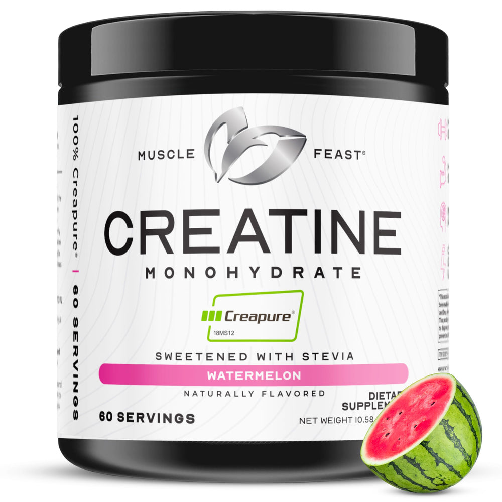 Muscle Feast Creapure creatine powder bottle highlighting purity for powerful workouts.