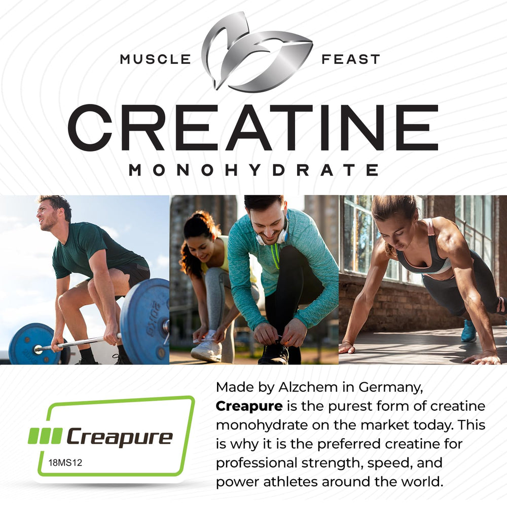 Muscle Feast Creapure bottle showcases premium powder for repeatable fueling.